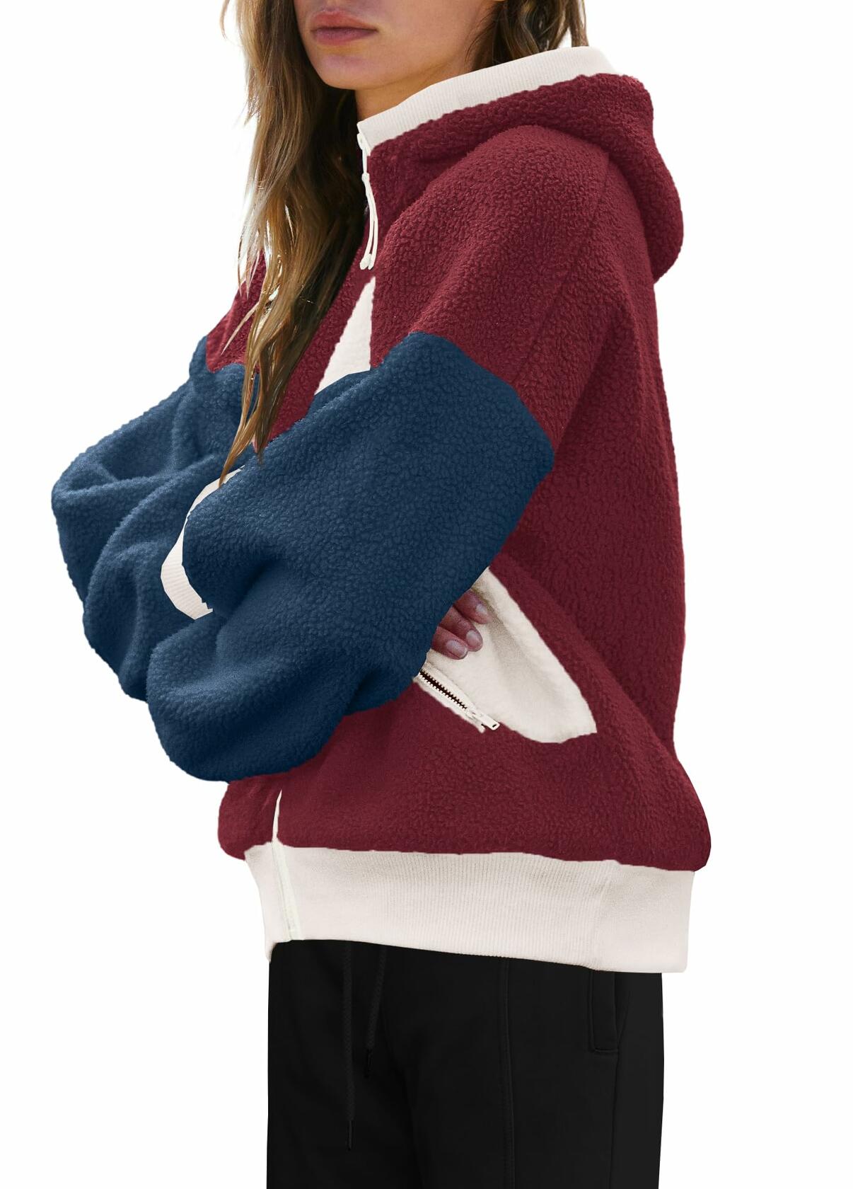 Panadila Womens Fuzzy Fleece Zip Up Oversized Hoodie Burgundy Navy Combo Size M